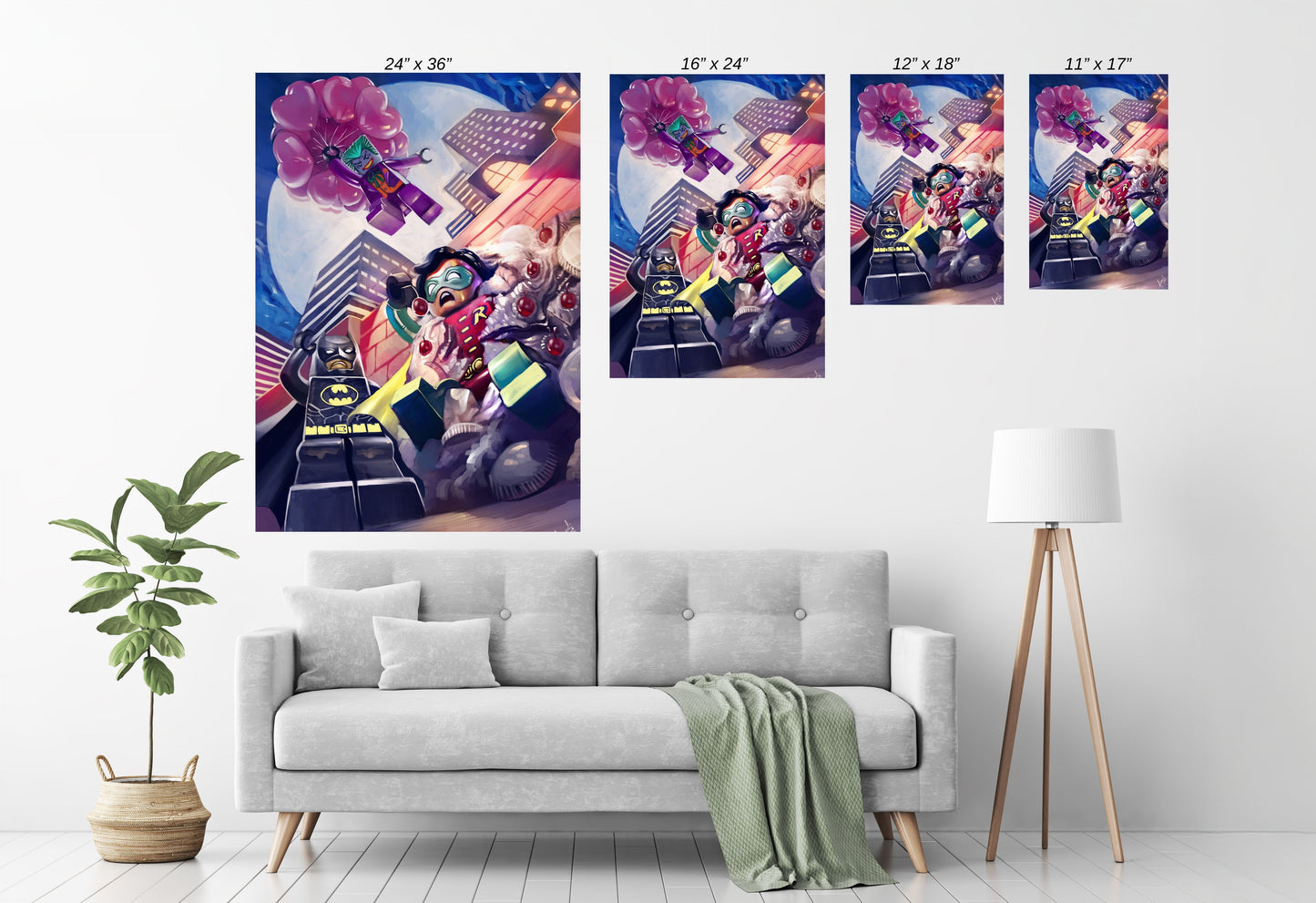 LEGO Batman, Robin, and Joker Block City Showdown artwork by Ceasar displayed in modern room mockup.