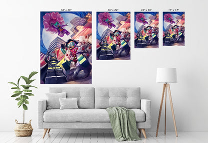 LEGO Batman, Robin, and Joker Block City Showdown artwork by Ceasar displayed in modern room mockup.