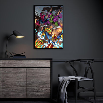 Bridge Ambush — Spider-Man, Green Goblin, and Nova artwork displayed in a modern room.