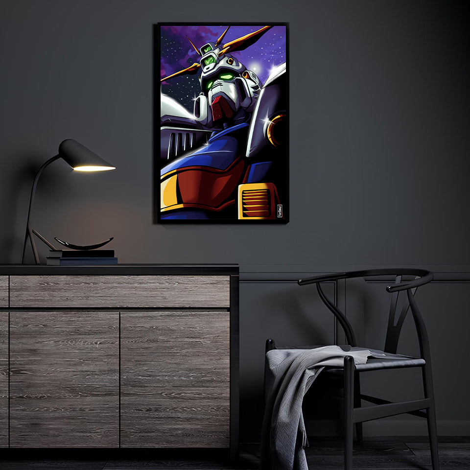 Celestial Mobile Suit by Ray Dash displayed in a modern room.