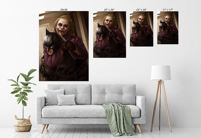 Batman and Joker in Chains of Chaos, size chart print by Justine Cruz, premium wall art.