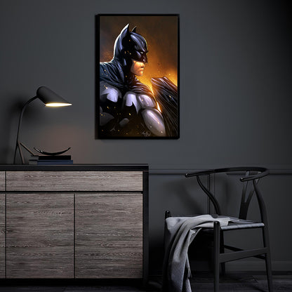 Cinder Knight Room Mockup — Batman by Michael Magallanes, colors by Nestor Redulla Jr., displayed in a modern room.