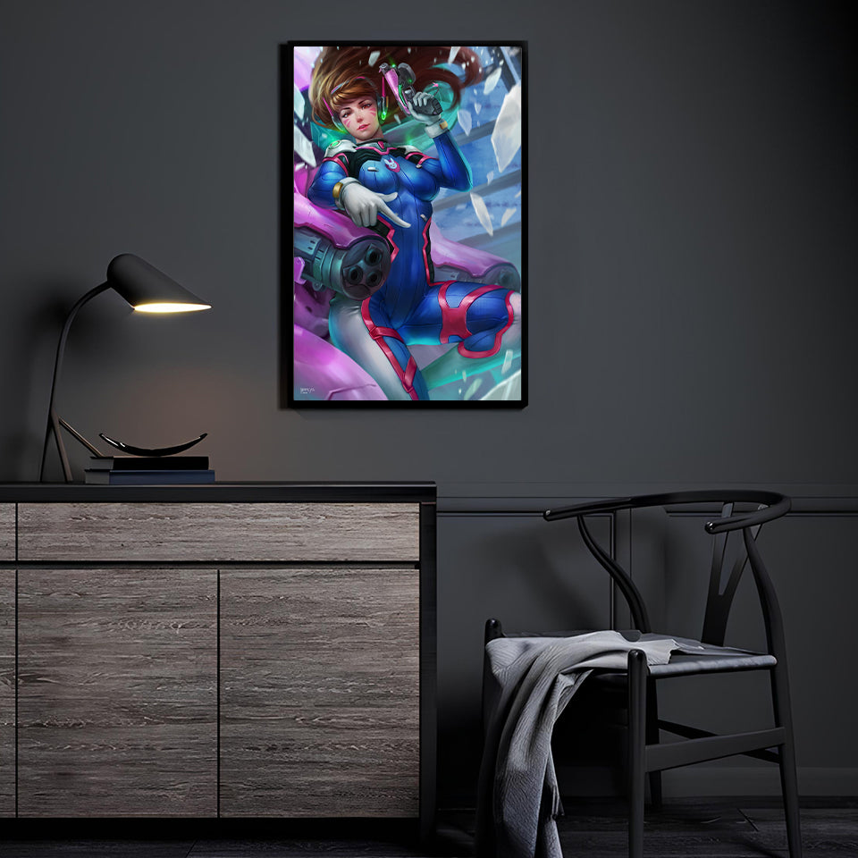 D.Va fan art displayed in gaming setup on wall