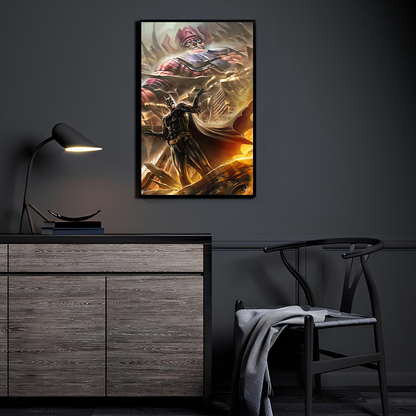 Batman vs cosmic villain crossover by Ceasar displayed in a modern room.