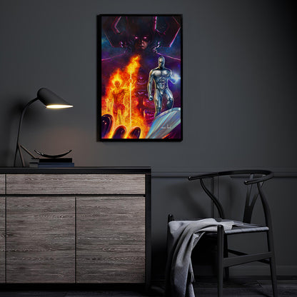 Devourer’s Heralds Ascend Room Mockup — Galactus, Silver Surfer, and Fire lord, Marvel art by Ryan Pasibe with colors by Marvin Tabacon displayed in a modern room.