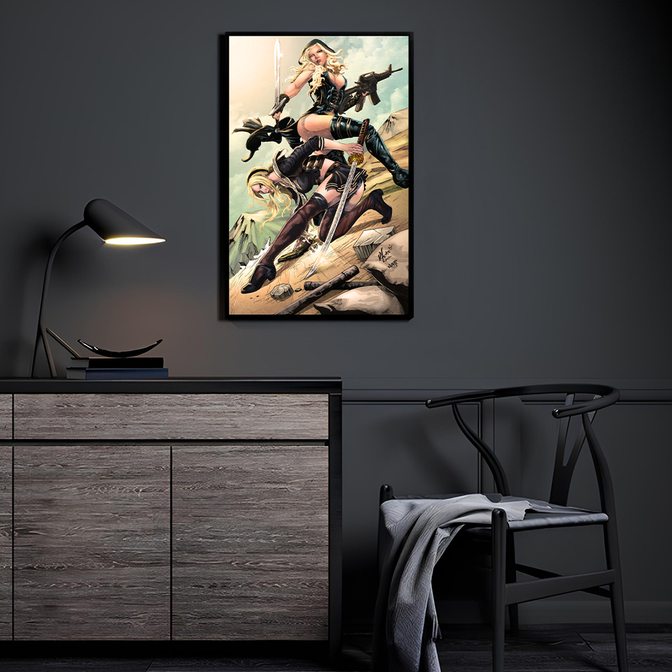 sucker punch fan art displayed in a modern collector’s room above a couch.