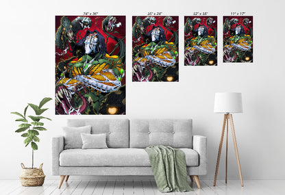 Framed Darkness-inspired wall art dominating a modern room; vivid reds and coiling tendrils.