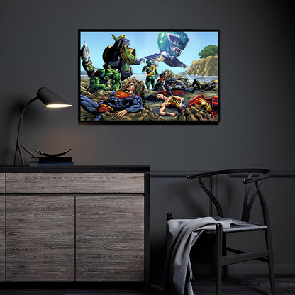 Emerald Dragon Champion crossover artwork by Geebo Vigonte displayed in a modern room.