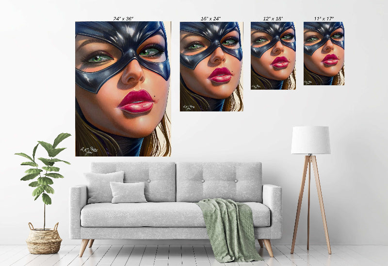 Emerald Vigil — Batgirl DC portrait by Aurelio Rigoni displayed in a modern room.