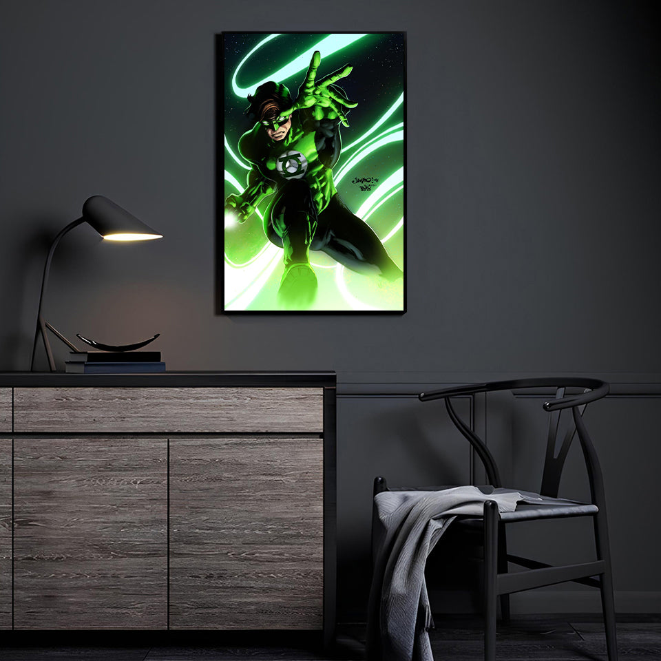 Emerald Willpower Guardian Wall Art by Jimbo Salgado and Brian Valeza displayed in a modern room.