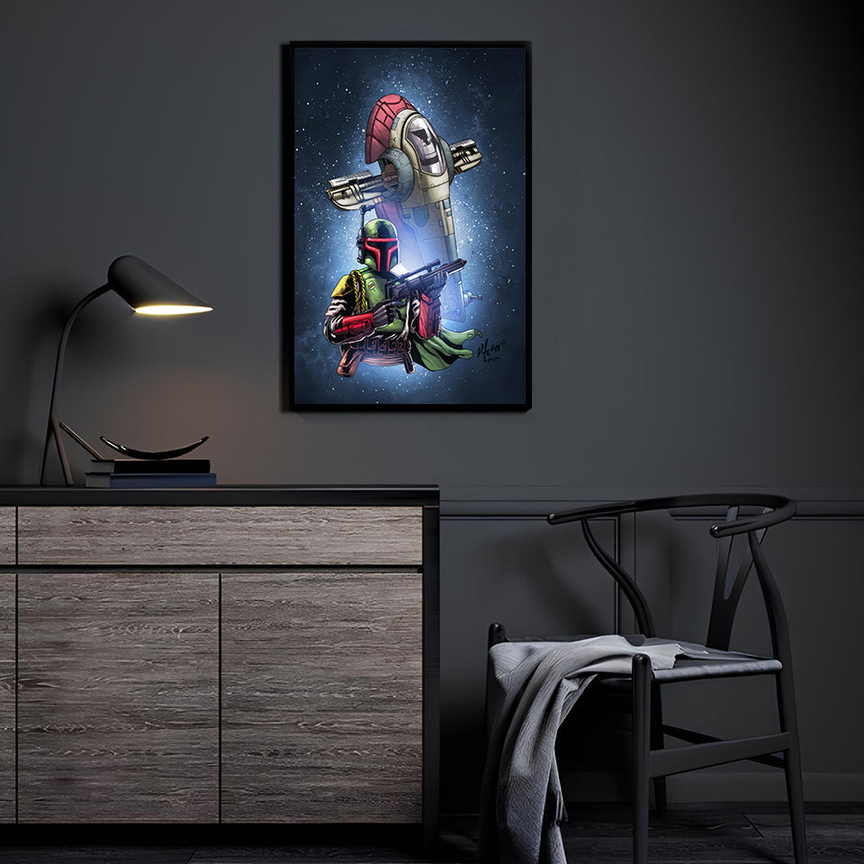 Galactic Bounty & Gunship Room Mockup — Boba Fett with Firespray/Slave I from Star Wars, by Vhon Remot, colors by Nestor Redulla Jr., displayed in a modern room.