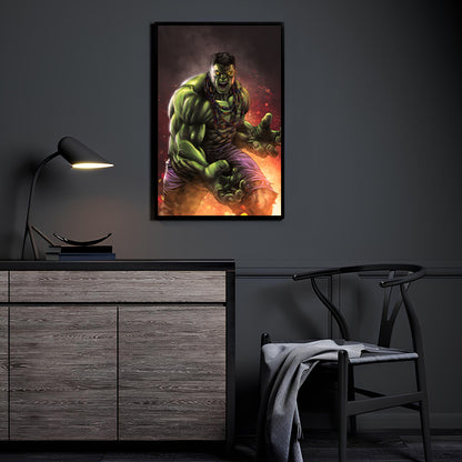 The Hulk artwork displayed in a modern room mockup above a console.
