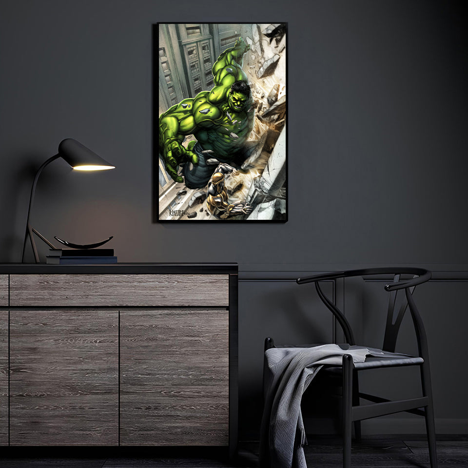 Hulk Battle of New York wall art displayed in collector’s room.