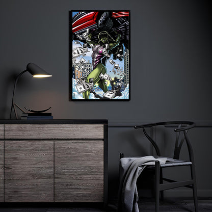 Artwork displayed in a modern room, showcasing color and scale.