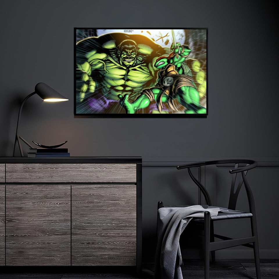 Hulk vs Raphael wall art crossover by Ryan Pasibe and Brian Valeza displayed in modern room.