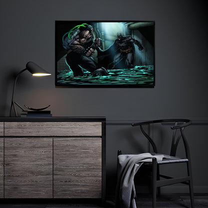 The Batman vs Bane artwork displayed above a console in a modern room.
