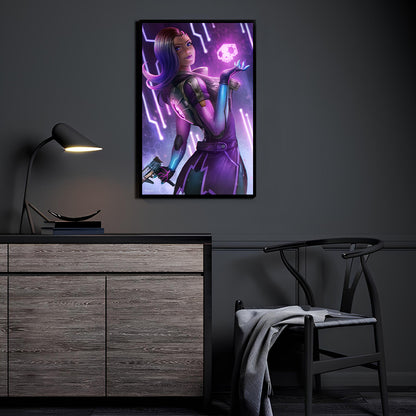 Hacker Queen Room Mockup — Sombra Overwatch artwork by Nopeys displayed in a modern room.