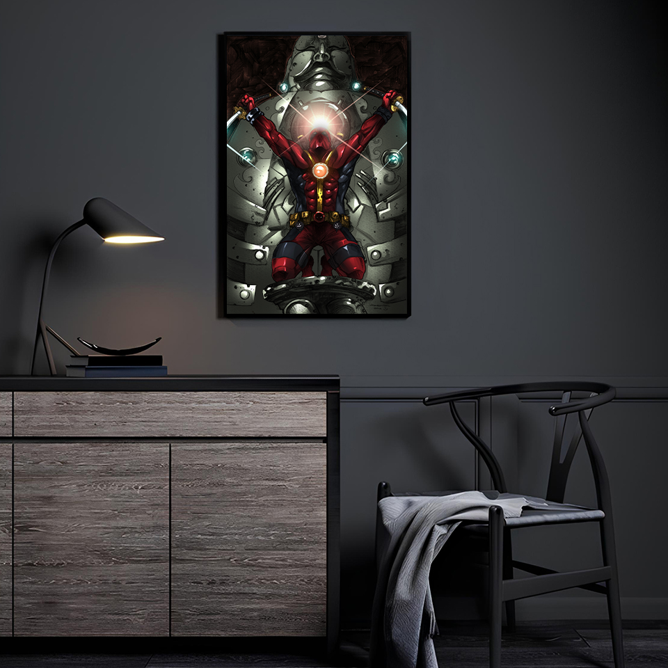 deadpool marvel wall art displayed as premium print in modern room.