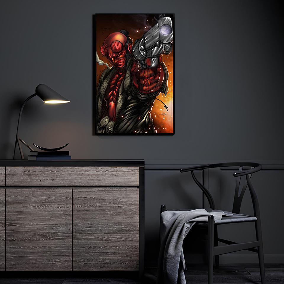 Hellborn Gunslinger Hellboy artwork displayed in a modern room.