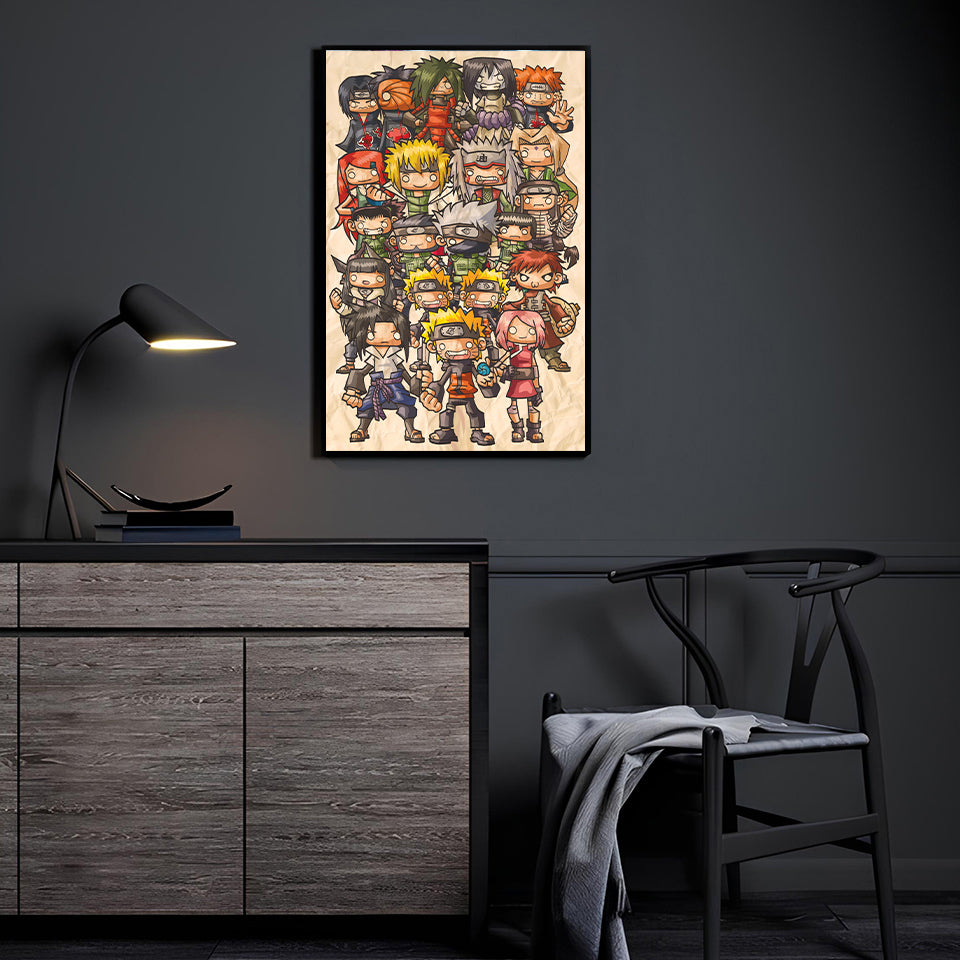 Naruto chibi wall art displayed in a modern anime collector room.