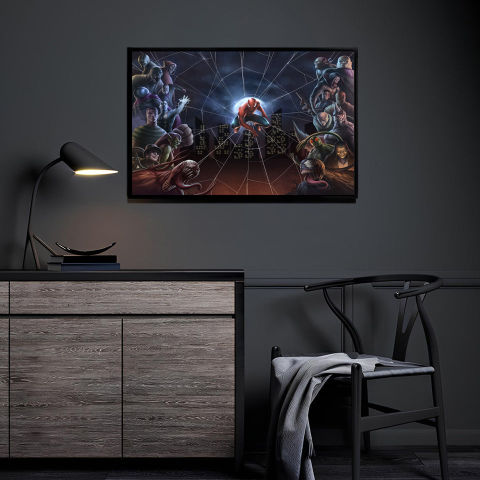 Spider-themed hero centered in a glowing web surrounded by iconic villains in a cinematic city backdrop wall art display