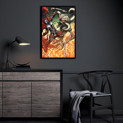 Infernal Duel Room Mockup — Spawn and Violator fan art by Michael Magallanes with colors by Nestor Redulla Jr., displayed in a modern room.