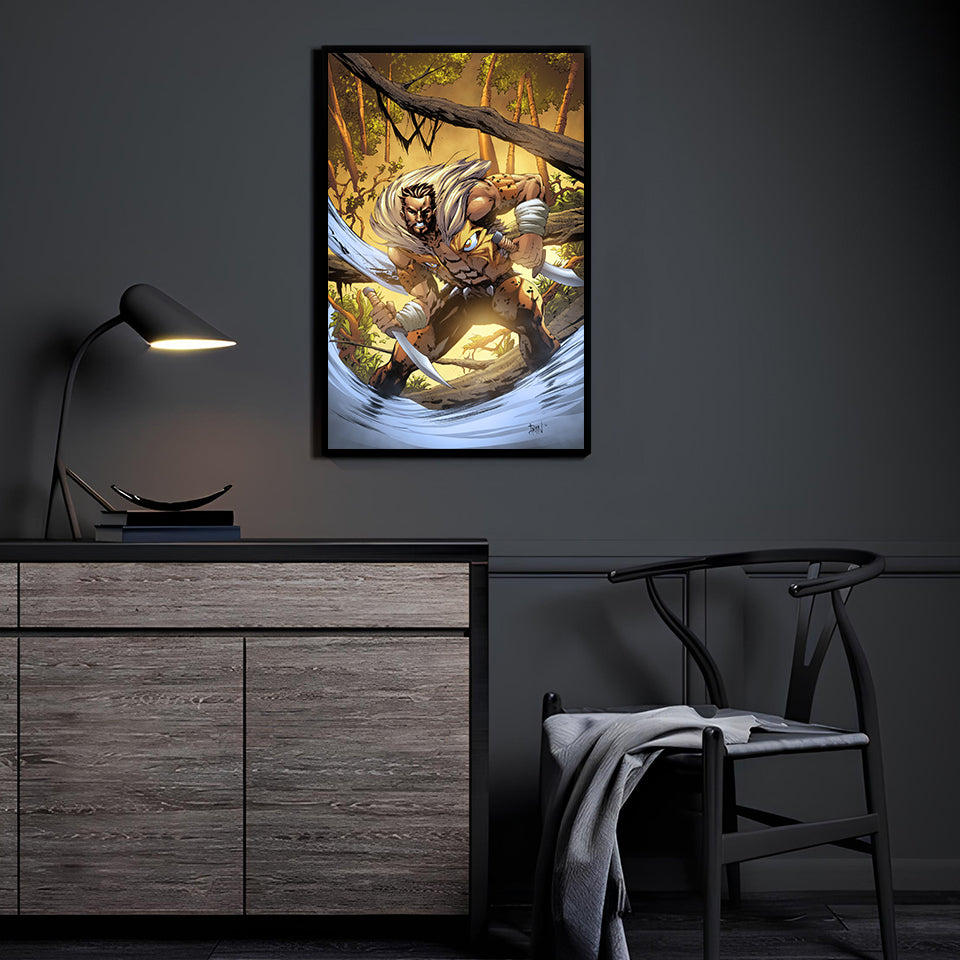 Kraven the Hunter artwork displayed in a modern room mockup for scale and lighting.