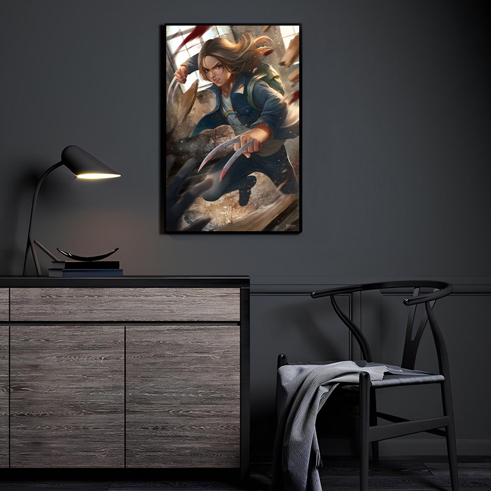 Laura Kinney (X-23 by Nopeys) displayed in a modern comic collector room.