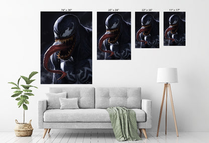 Lethal Instinct wall art featuring Venom displayed in modern room mockup, art by Sam Dela Torre.