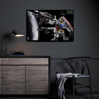 Artwork displayed in a modern room mockup above a console in a dark interior.