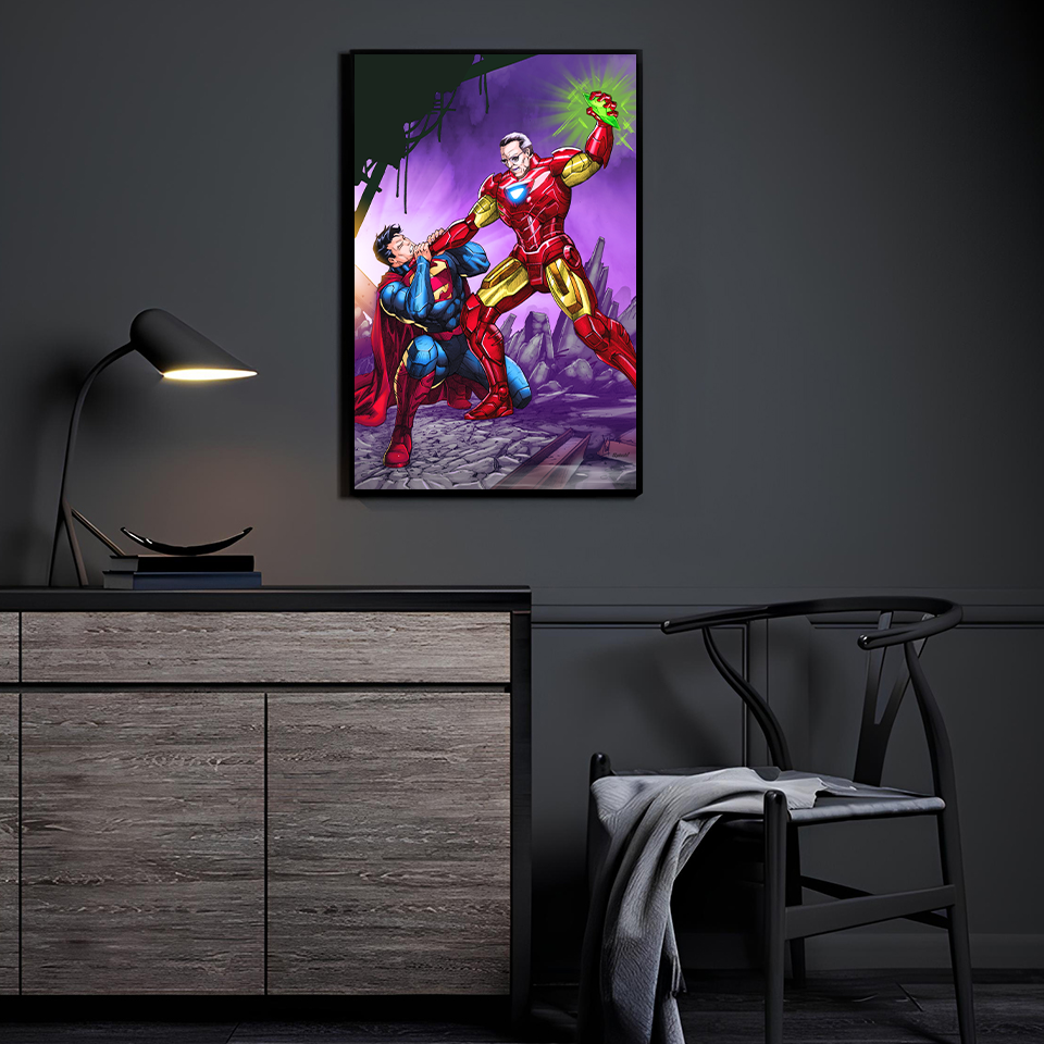 Man of Steel vs Man of Iron by Verry Woong and Splash Colors displayed in a modern room.