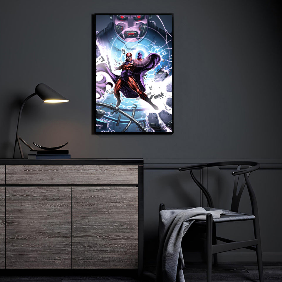 Master of Magnetism vs Colossal Android by Jimbo Salgado displayed in a modern room.