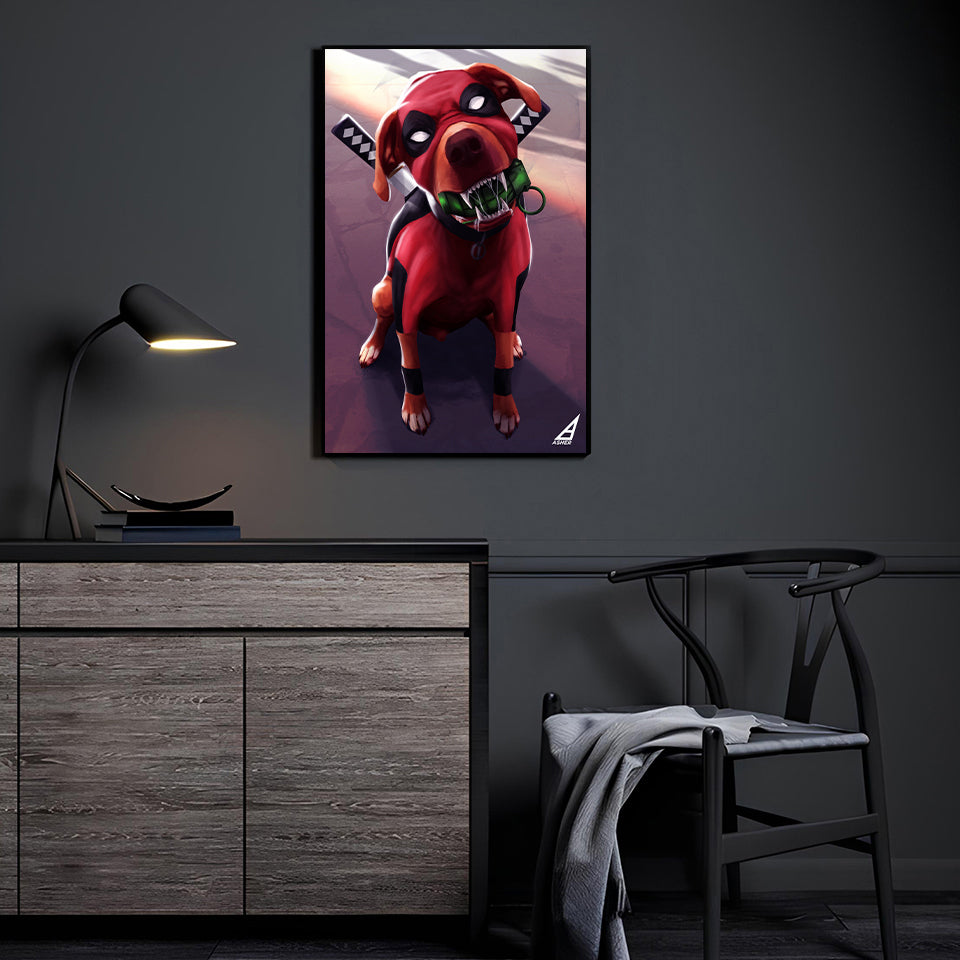 Deadpool dog wall art displayed in modern interior by Ben Asher.
