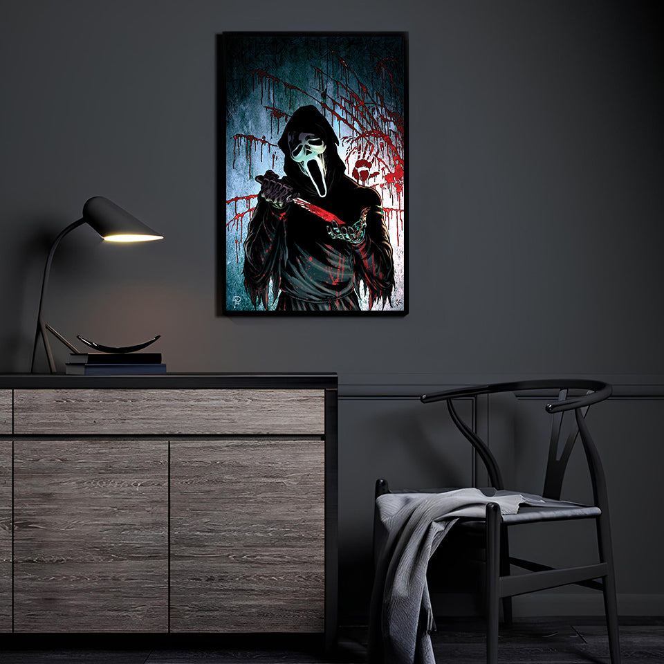 Midnight Caller Ghostface wall art displayed in a modern horror movie room.

