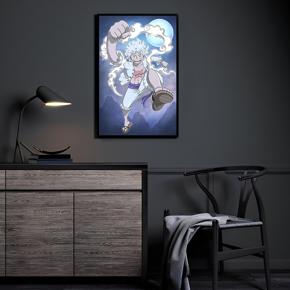 Luffy Gear 5 fan art by Christian Padustan displayed in modern anime collector room.