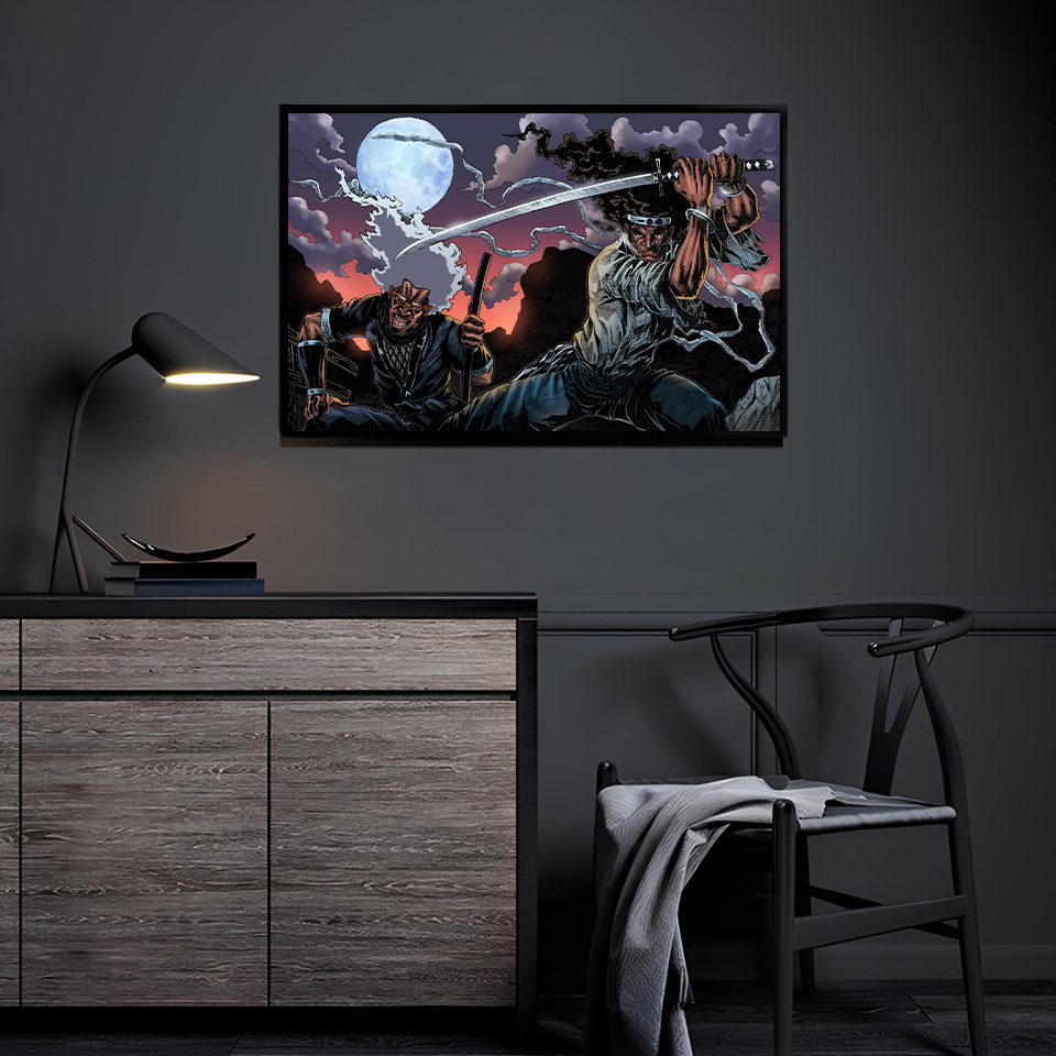 Moonlit Ronin Duel by Jey Soliva displayed in a modern room.