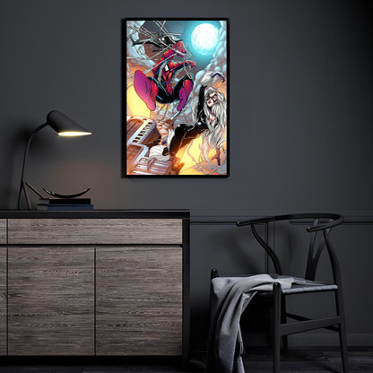 Moonlit Web & Whiskers Room Mockup — Spider-Man and Black Cat, Marvel art by Keith Curtis with colors by Nestor Redulla Jr., displayed in a modern room.