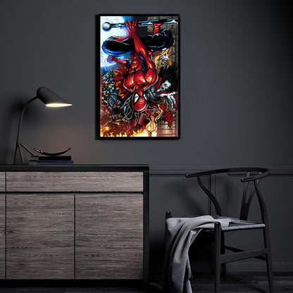 Nocturnal Takedown Room Mockup — Spider-Man and Morbius art by Keith Curtis with colors by Nestor Redulla Jr. displayed in a modern room.