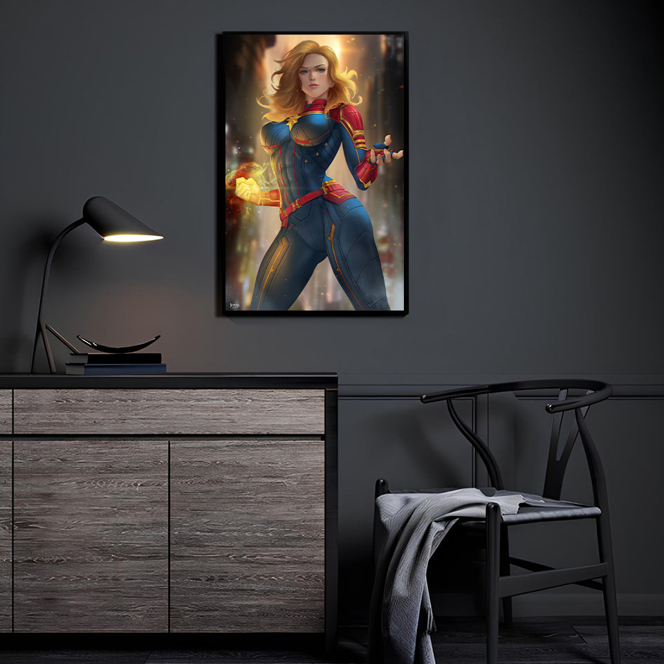 Captain Marvel wall art by Nopeys displayed in modern collector setup.