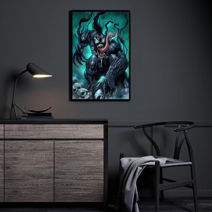Venom wall art displayed in a dark modern room setup.