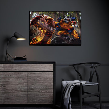 Primal Rivalry Room Mockup — Wolverine vs Sabretooth by Ryan Pasibe displayed in a modern room.