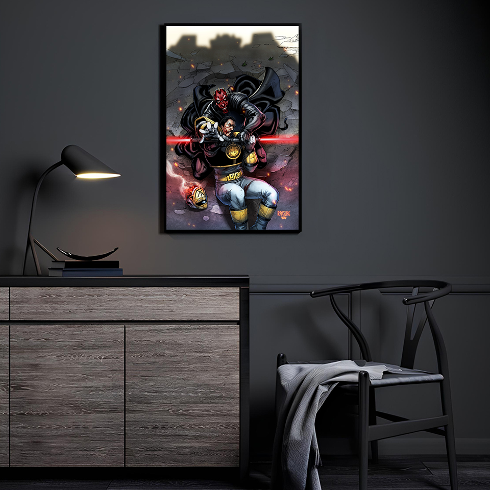 Saber Clash by Ryan Pasibe (colors Brian Valeza) displayed in a modern room.