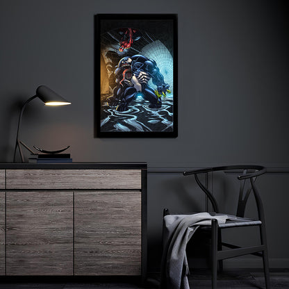 Spider-Man vs Venom artwork displayed in a modern room mockup.