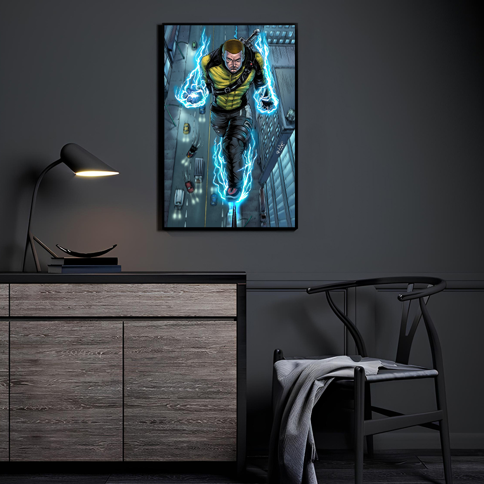 Shock Vector Vigilante Cole MacGrath artwork displayed in a modern room.