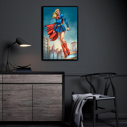 Supergirl artwork displayed in a contemporary room setting above a console.
