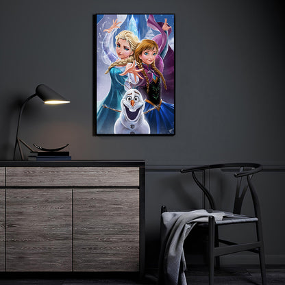 Frozen-inspired sisters and snowman wall art by Ceasar displayed in a modern room.