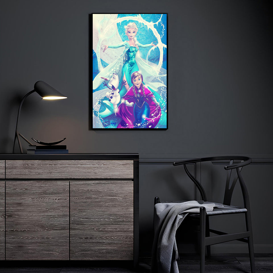 Snowbound Sisters & Snowman by Richard Bue with colors by Stephan Lemineur (NAHP) displayed in a modern room.