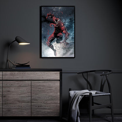 Symbiote Frenzy Room Mockup — Carnage by Don Mark Noceda, colors by Nestor Redulla Jr., displayed in a modern room.