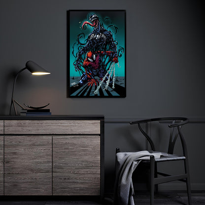 The Spider-Man vs Venom artwork displayed as a statement piece in a modern room mockup.