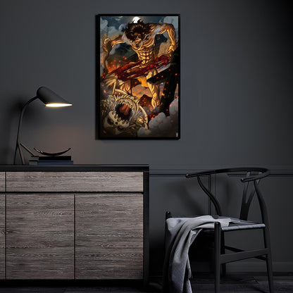 Attack Titan artwork displayed in a modern room mockup with bold, cinematic contrast.